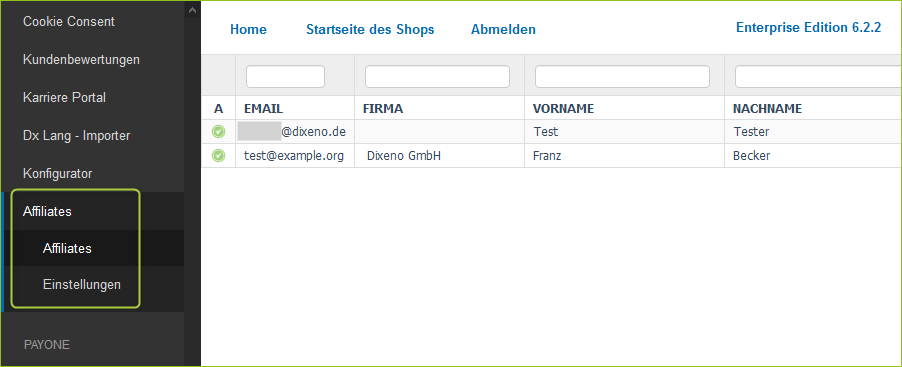 Funktionen des Affiliate-Moduls im OXID-Backend