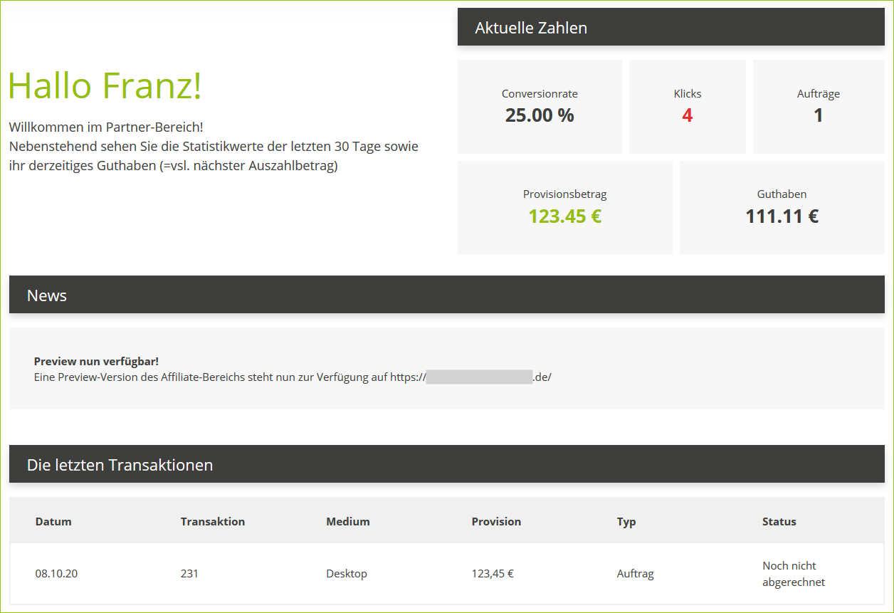 Menüoption: Dashboard