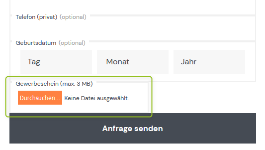 Gewerbeschein im Registrierungsformular hochladen