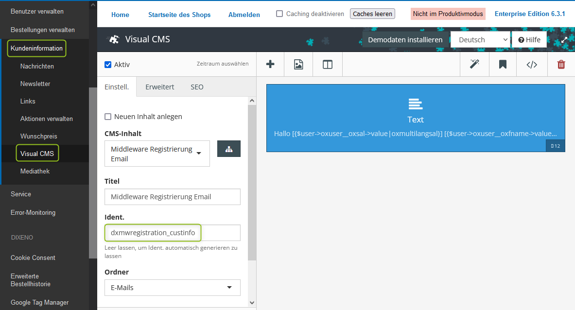Visual CMS-Inhalt für Registrierungs-E-Mail