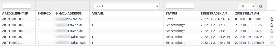 Menüoption: Benachrichtigungsliste