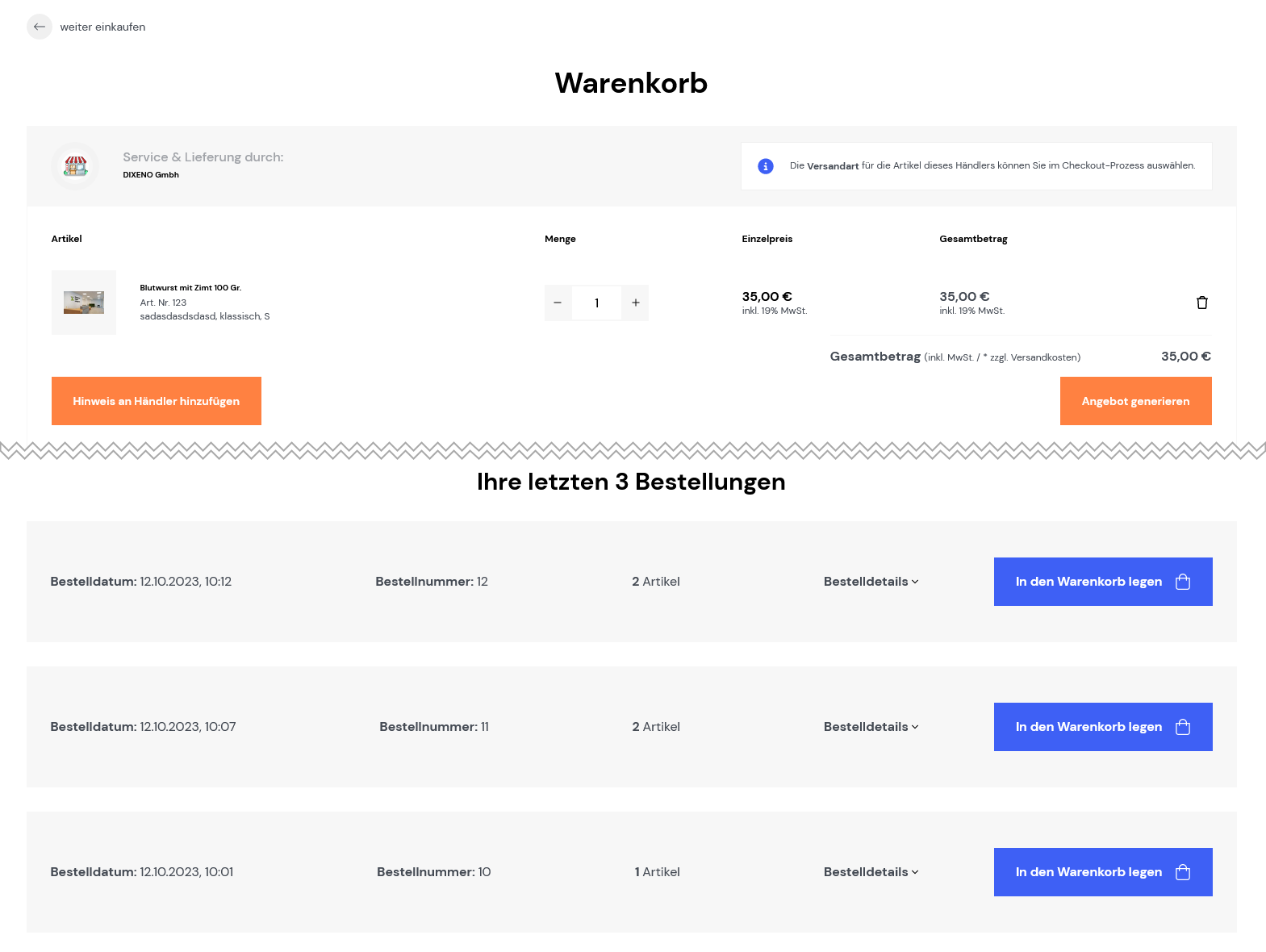 Bestellungen im Warenkorb