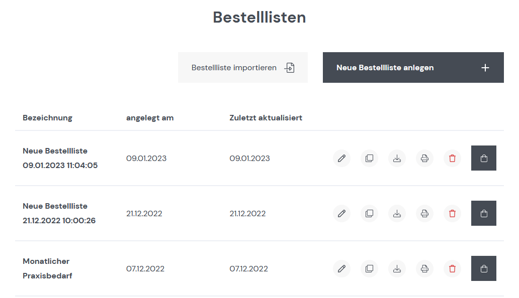 Bestelllisten im Shop-Frontend