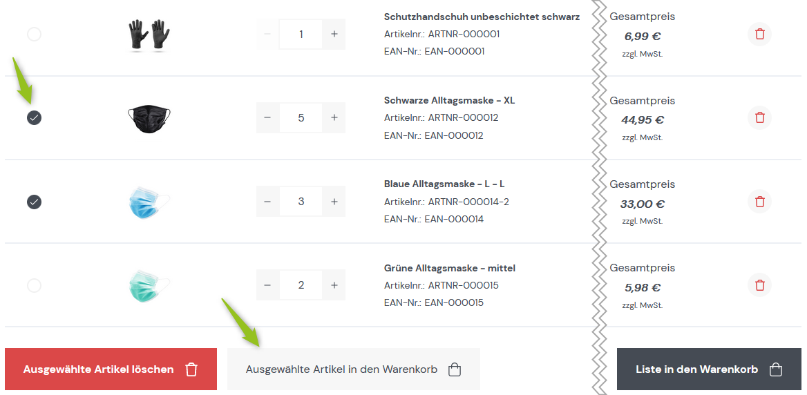 Einzelne Artikel in den Warenkorb legen