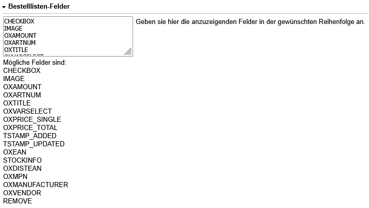 Einstellungen für Bestelllisten-Felder
