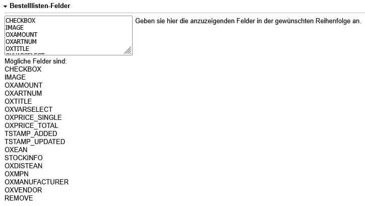 Einstellungen für Bestelllisten-Felder