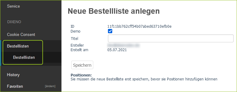 Bestellliste Weitere Funktionen