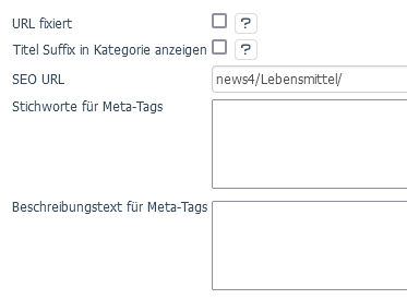 Registerkarte SEO in Menüoption: Kategorien