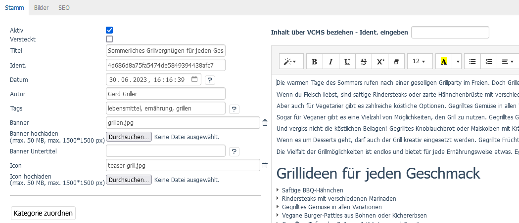 Registerkarte Stamm in Menüoption: Beiträge