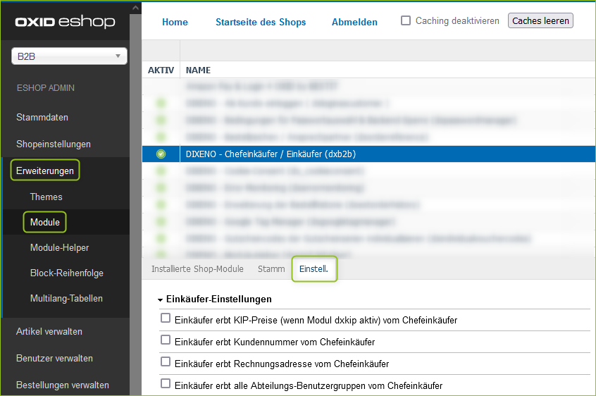 Modul-Einstellungen im OXID-Backend