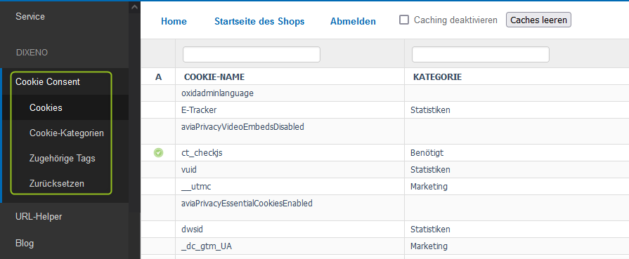 Funktionen des Cookie-Moduls im OXID-Backend
