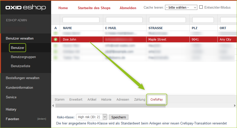 CrefPay-Registerkarte bei Benutzer
