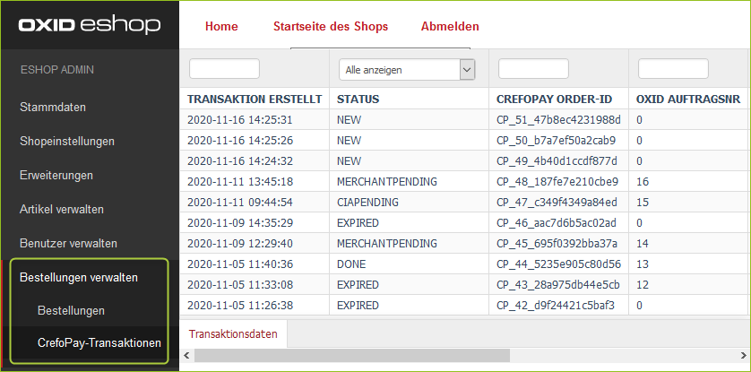 CrefoPay-Transaktionen in Bestellungen