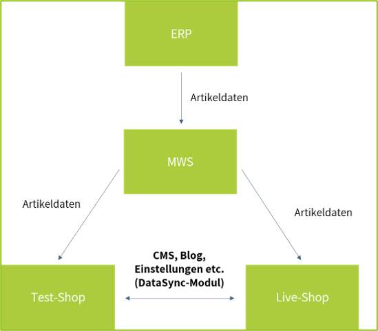 Beispielanbindung zwischen ERP, MWS, Live- und Test-Shop