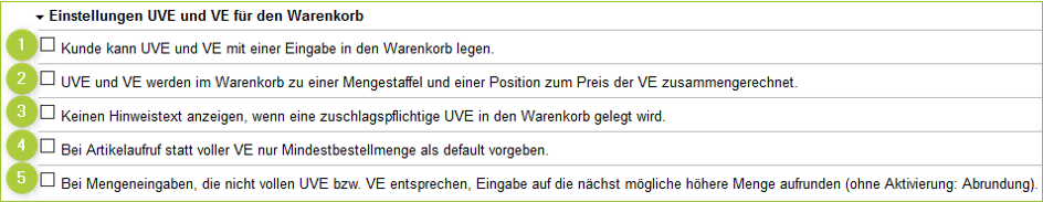Einstellungen UVE und VE für den Warenkorb