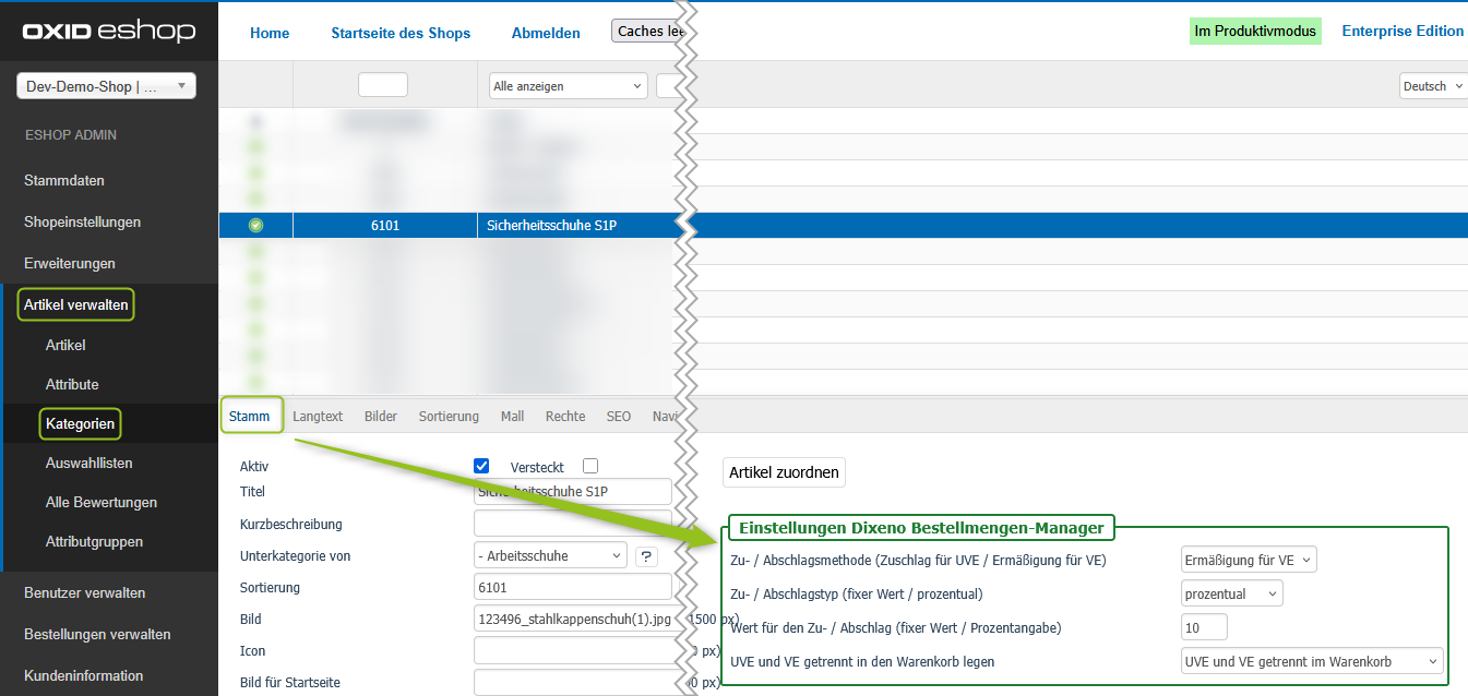 Funktionen auf Kategorieebene
