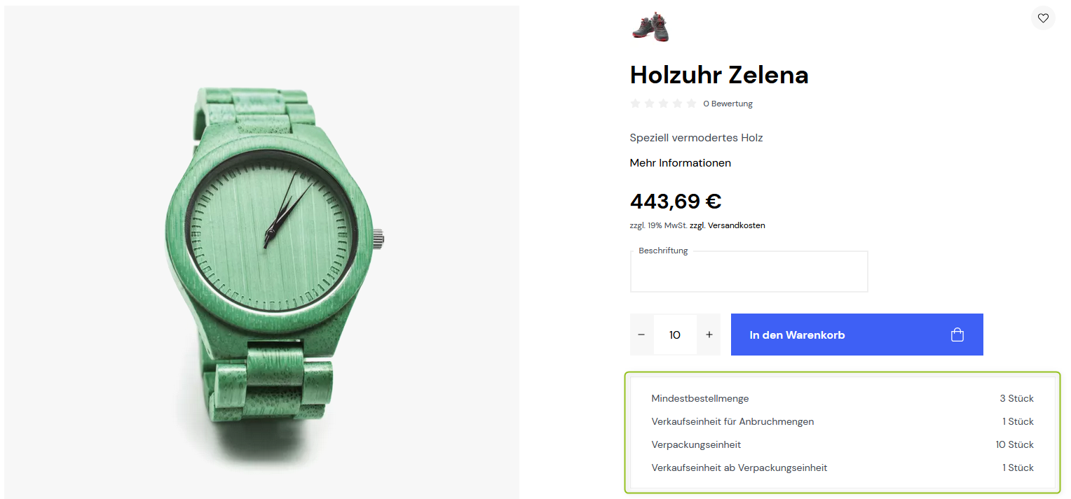 Mengenangaben auf der Artikeldetailseite