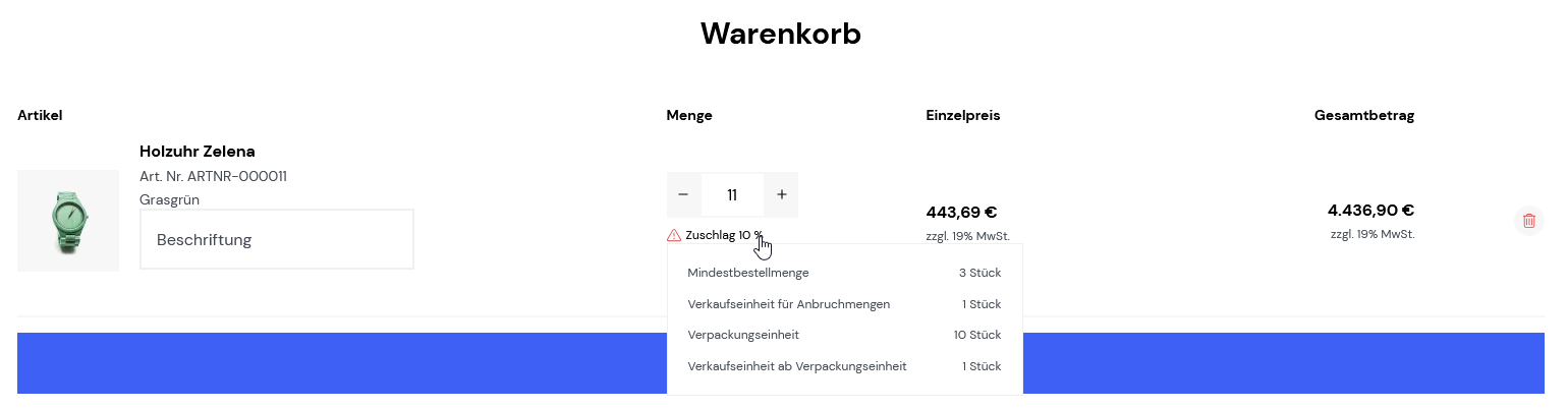 Angabe zum Zuschlag im Warenkorb