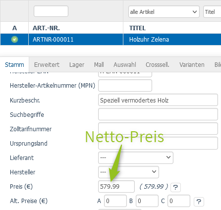 Netto-Preis des Artikels