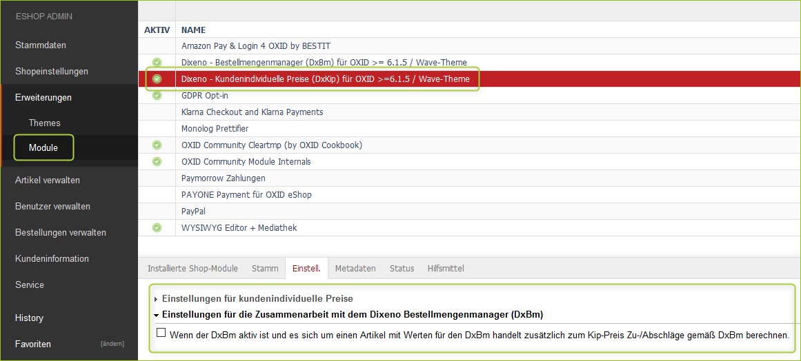 Einstellungen im Kip-Modul
