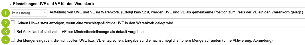 Einstellungen UVE und VE für den Warenkorb