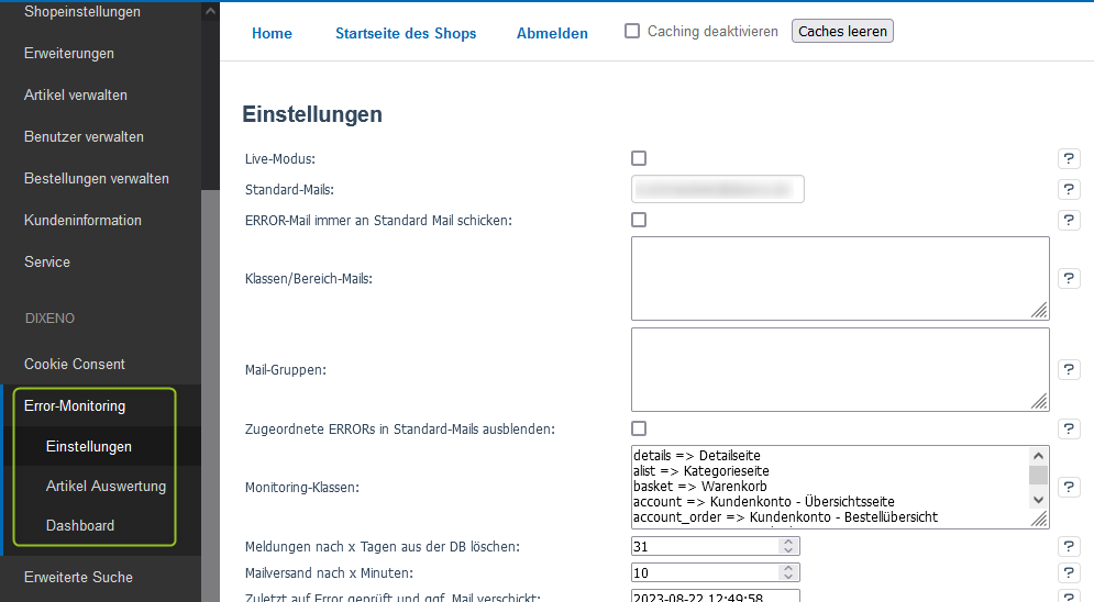 Überblick über Funktionen des Error-Monitoring-Moduls