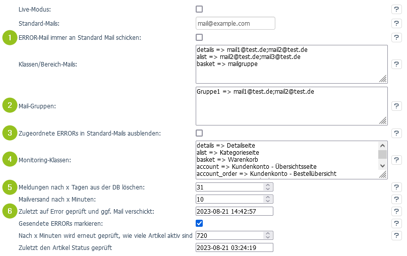 Überblick über die Einstellungen des Error-Monitoring-Moduls