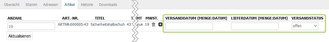 Neue Optionen in Bestellungen > Artikel