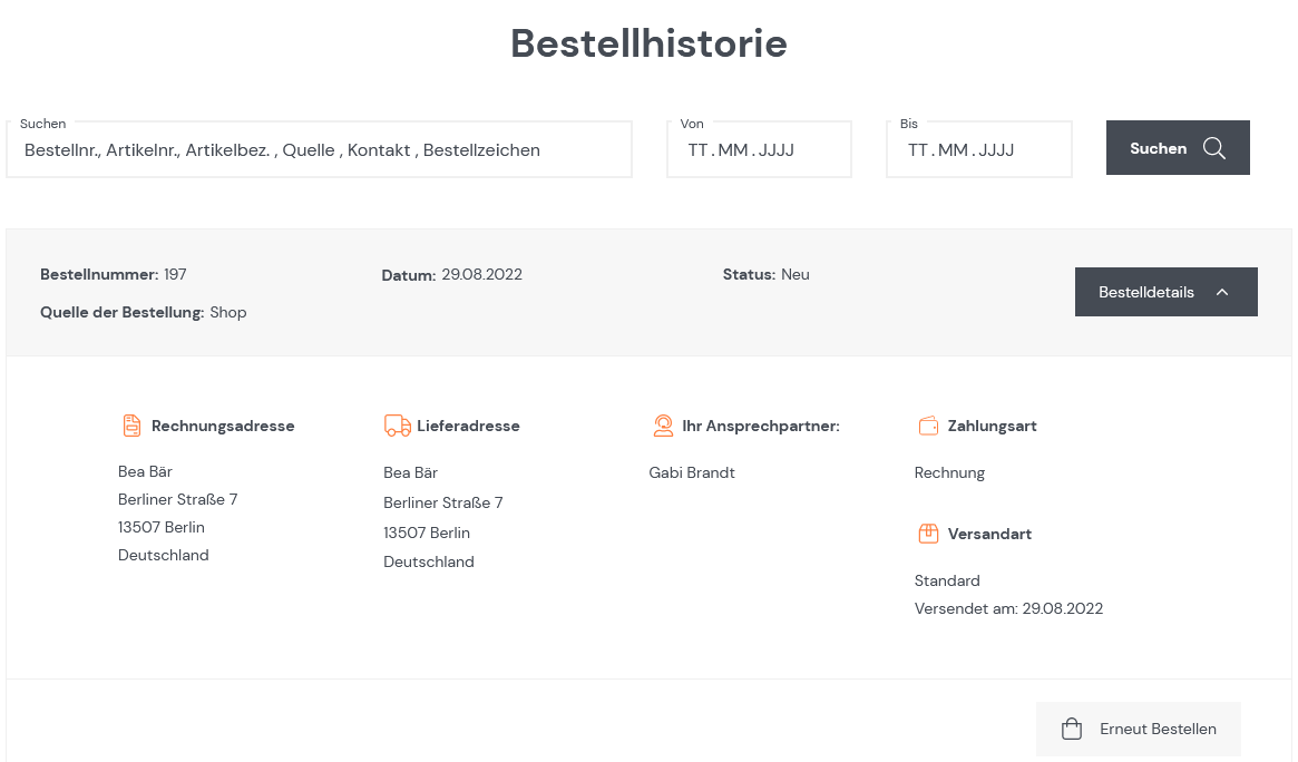 Bestellhistorie mit aktiviertem Modul