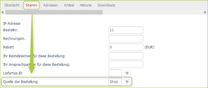 Bestellquelle im Backend
