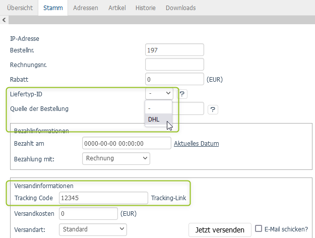 Liefertyp-ID und Tracking-Code