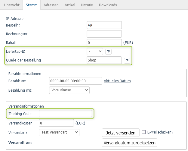 Neue Optionen in Bestellungen > Stamm