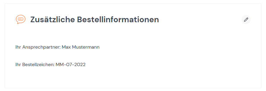 Bestellzeichen und Ansprechpartner bei einer Bestellung in der Bestätigung