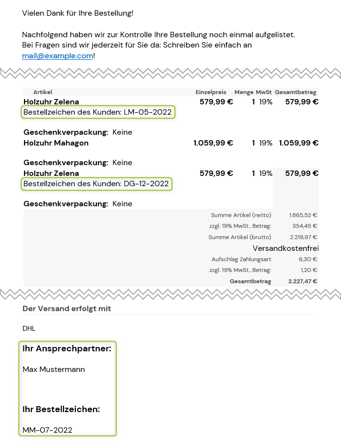 Bestellbestätigung mit Bestellzeichen und Ansprechpartner