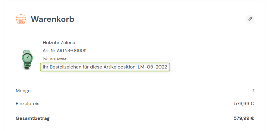 Bestellzeichen bei einer Artikelposition in der Bestätigung