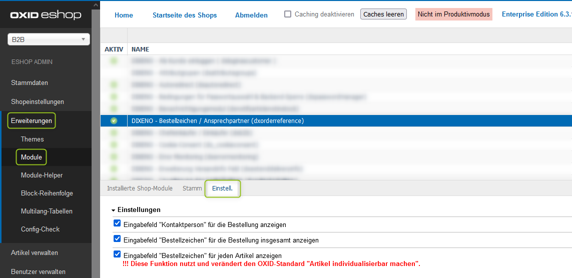 Überblick über Modul Bestellzeichen / Ansprechpartner