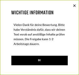 Beispiel eines Hinweises nach Abschicken der Bewertung