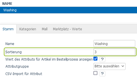 Sortierung von Attribut Washing
