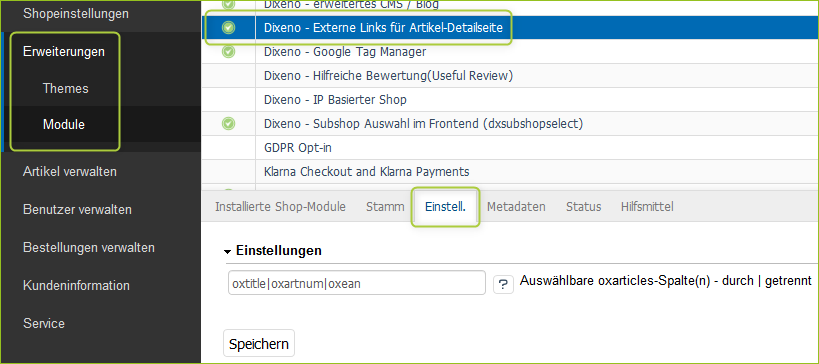 Funktionen des Moduls für Externe Links im OXID-Backend