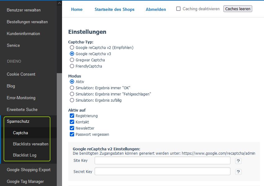 Einstellungen des Spamschutz-Moduls