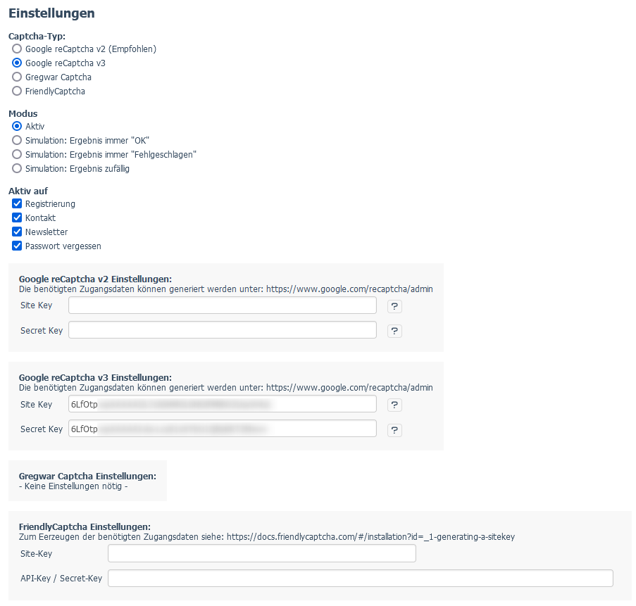 Google Captcha-Einstellungen