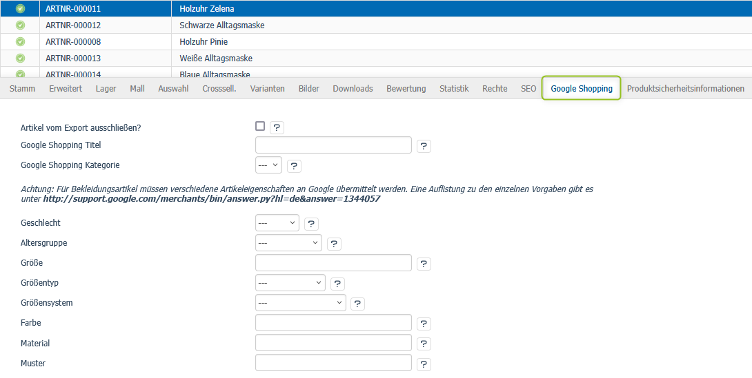Einstellungen des Google Shopping-Moduls bei einem Artikel