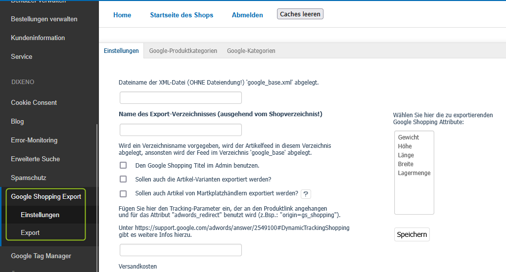 Einstellungen des Google Shopping-Moduls
