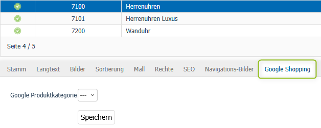 Einstellungen des Google Shopping-Moduls bei einer Kategorie
