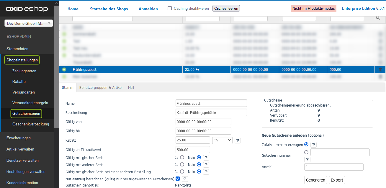 Überblick über Modul Gutscheincodes der Gutscheinserien individualisieren