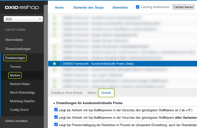 Funktionen des Kip-Moduls im OXID-Backend