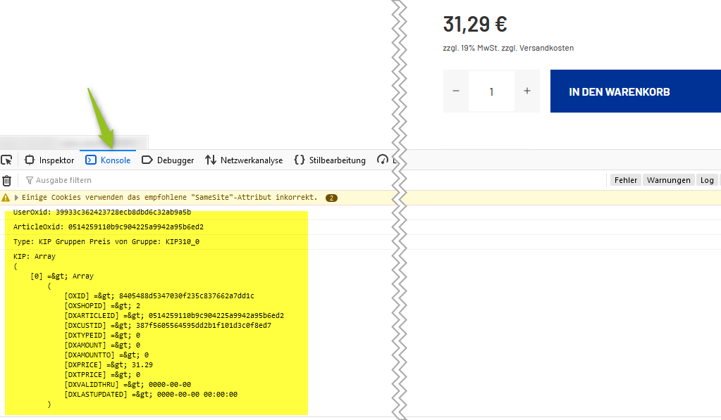 Debug-Modus bei Artikeln