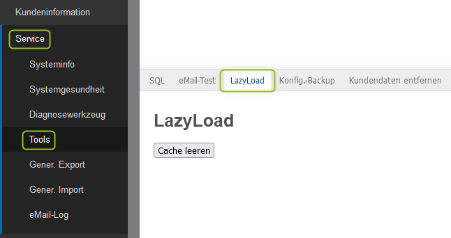 Tool-Einstellungen zur Leerung des Cache