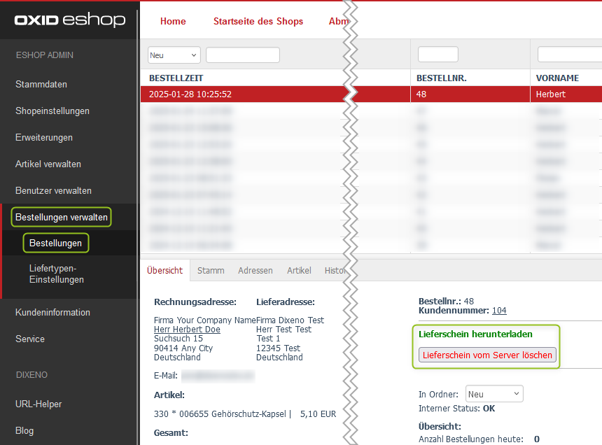 Lieferschein bei einer Bestellung im OXID-Backend