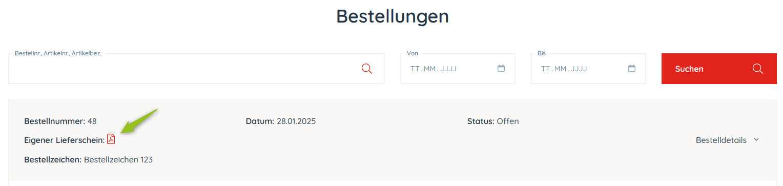 Lieferschein in der Bestellhistorie